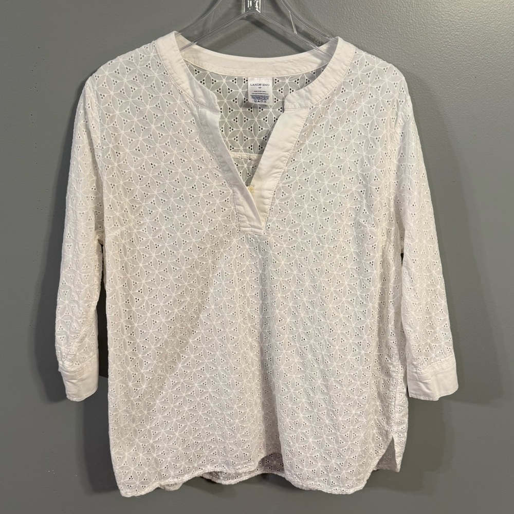 Lands' End Petite Cotton White Eyelet Embroidery Blouse Split Neck- EUC 16P